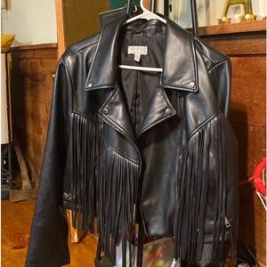 Black leather jacket key with fringe